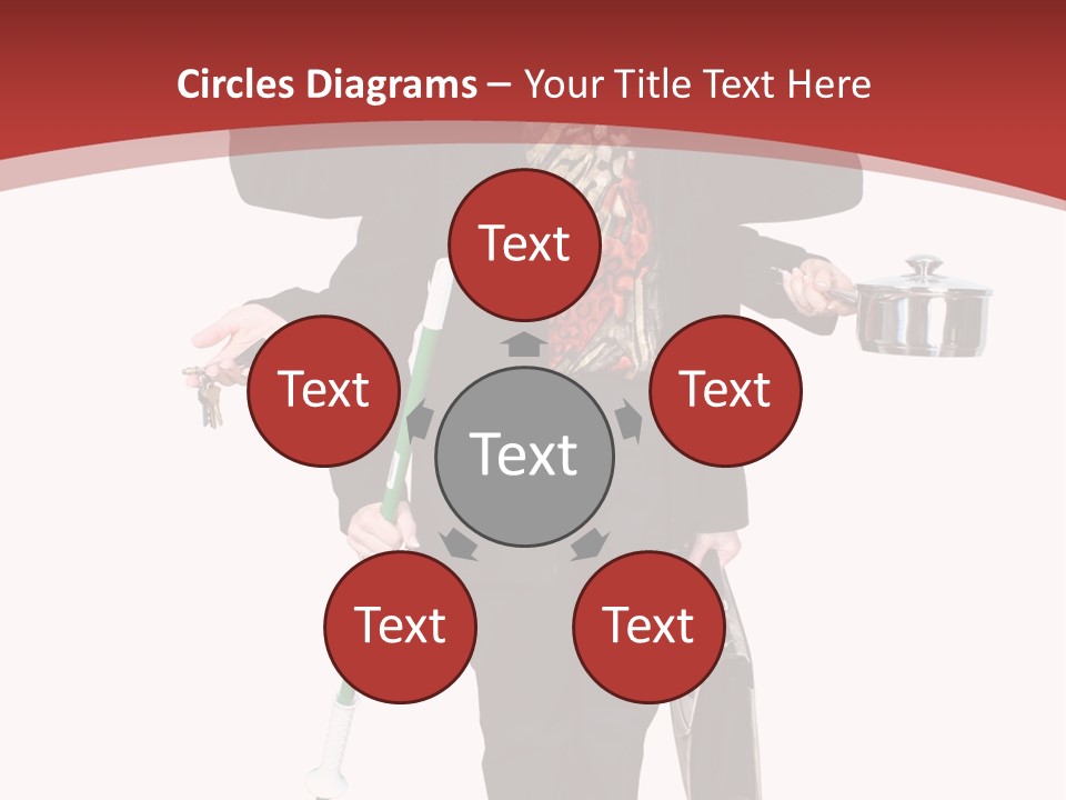 Woman With Six Arms Holding A Mop, Briefcase, Champagne Glasses, Cellphone, Keys And Cooking Pot. PowerPoint Template