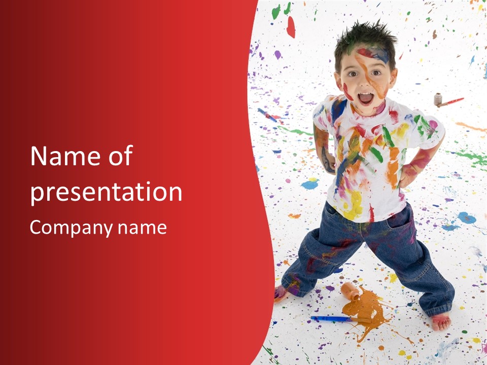 Adorable 3 Year Old Boy Child Covered In Bright Paint. Mess Of Paint On Wall, Floor, And Child. PowerPoint Template