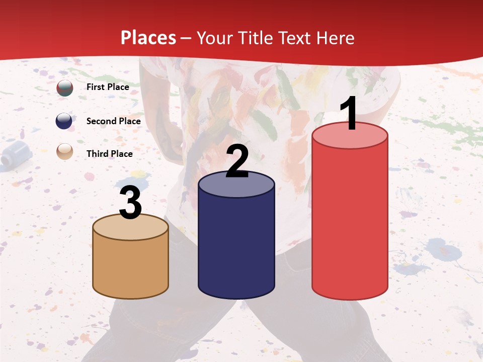 Adorable 3 Year Old Boy Child Covered In Bright Paint. Mess Of Paint On Wall, Floor, And Child. PowerPoint Template