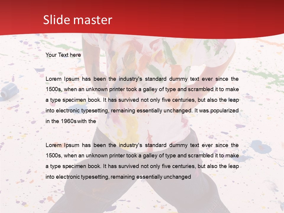 Adorable 3 Year Old Boy Child Covered In Bright Paint. Mess Of Paint On Wall, Floor, And Child. PowerPoint Template