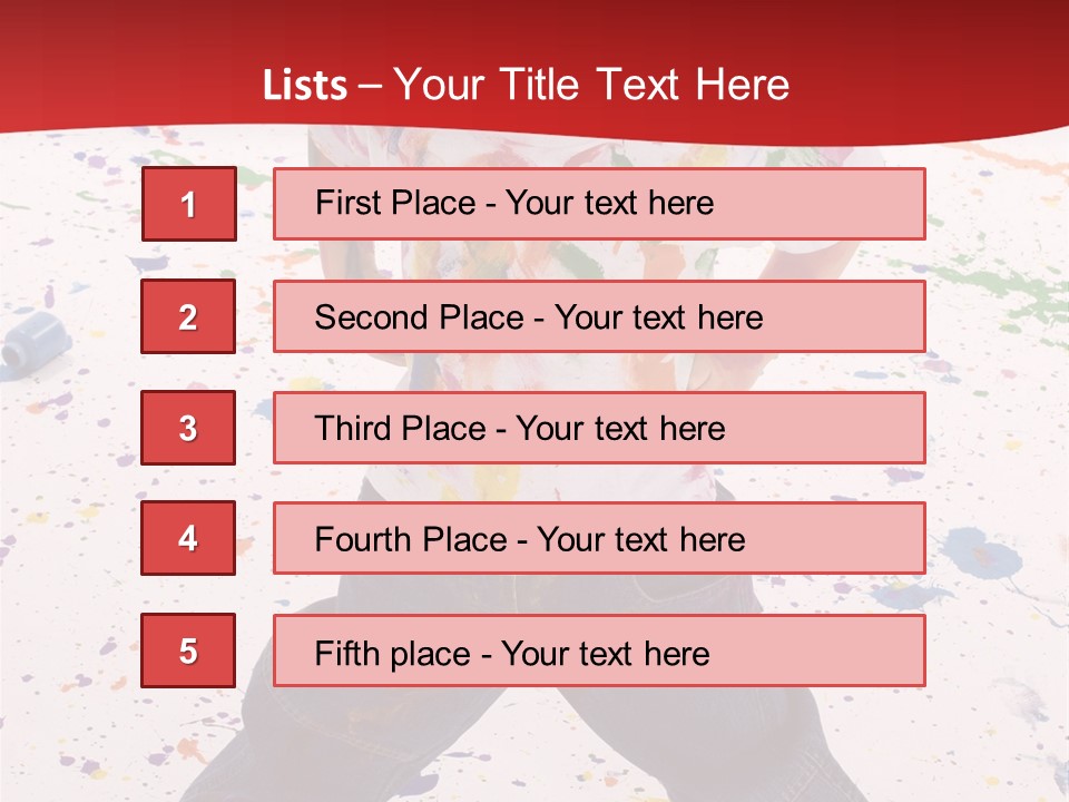 Adorable 3 Year Old Boy Child Covered In Bright Paint. Mess Of Paint On Wall, Floor, And Child. PowerPoint Template