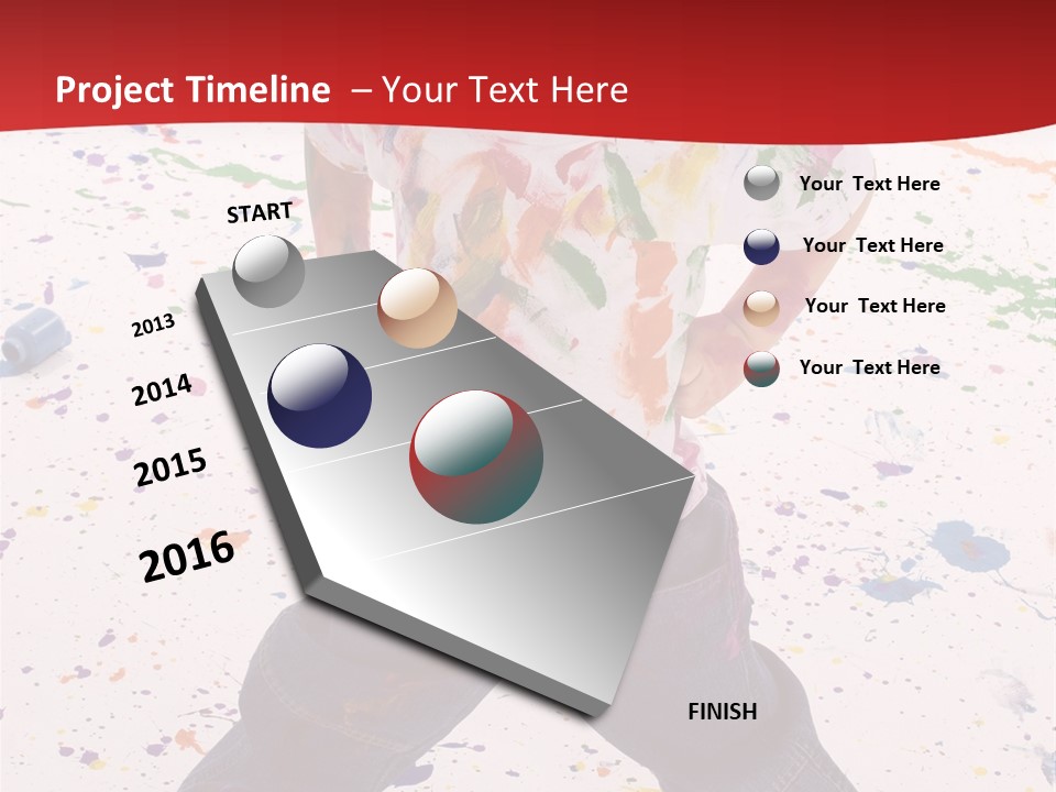 Adorable 3 Year Old Boy Child Covered In Bright Paint. Mess Of Paint On Wall, Floor, And Child. PowerPoint Template