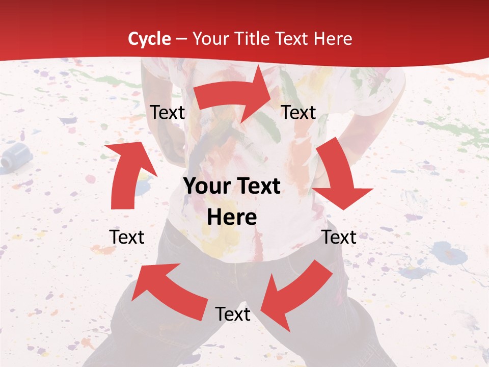 Adorable 3 Year Old Boy Child Covered In Bright Paint. Mess Of Paint On Wall, Floor, And Child. PowerPoint Template