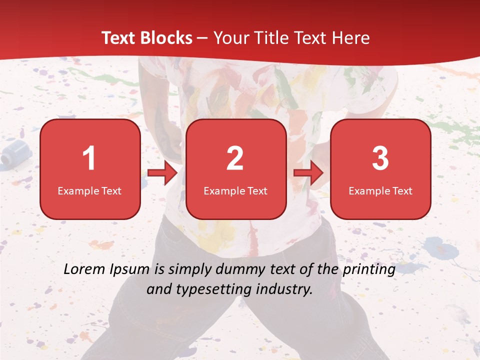 Adorable 3 Year Old Boy Child Covered In Bright Paint. Mess Of Paint On Wall, Floor, And Child. PowerPoint Template