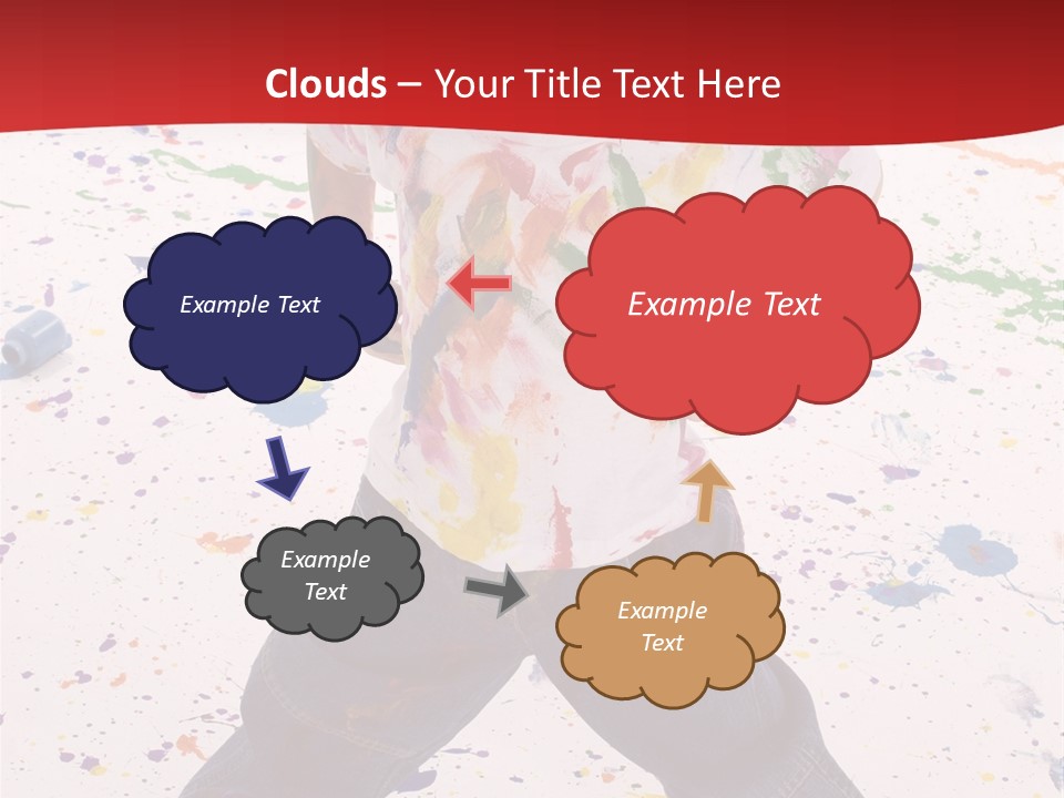 Adorable 3 Year Old Boy Child Covered In Bright Paint. Mess Of Paint On Wall, Floor, And Child. PowerPoint Template