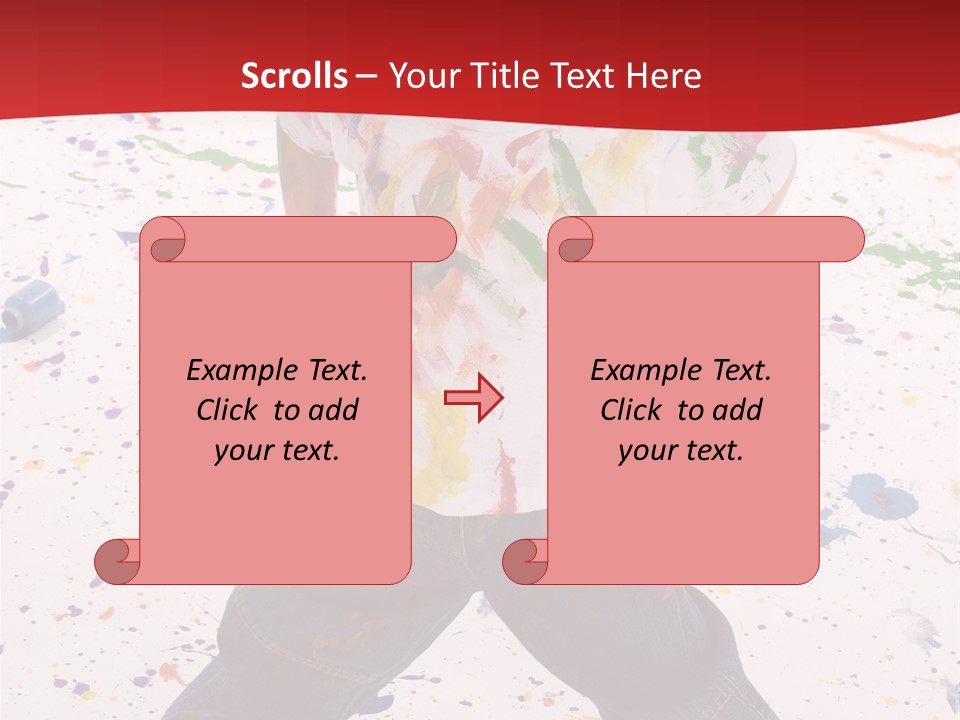 Adorable 3 Year Old Boy Child Covered In Bright Paint. Mess Of Paint On Wall, Floor, And Child. PowerPoint Template