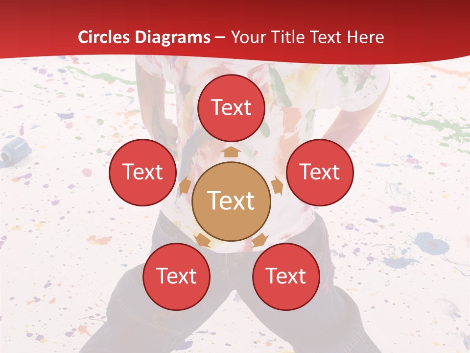 Adorable 3 Year Old Boy Child Covered In Bright Paint. Mess Of Paint On Wall, Floor, And Child. PowerPoint Template