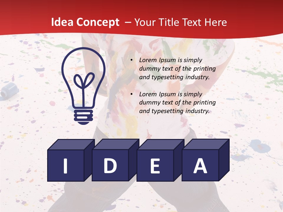 Adorable 3 Year Old Boy Child Covered In Bright Paint. Mess Of Paint On Wall, Floor, And Child. PowerPoint Template