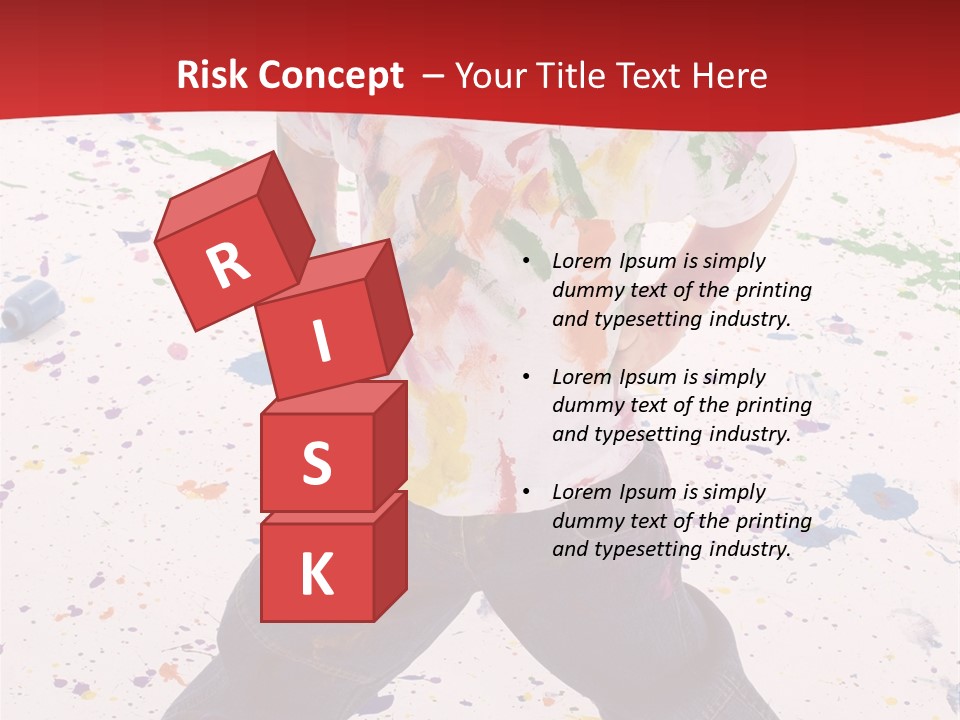 Adorable 3 Year Old Boy Child Covered In Bright Paint. Mess Of Paint On Wall, Floor, And Child. PowerPoint Template