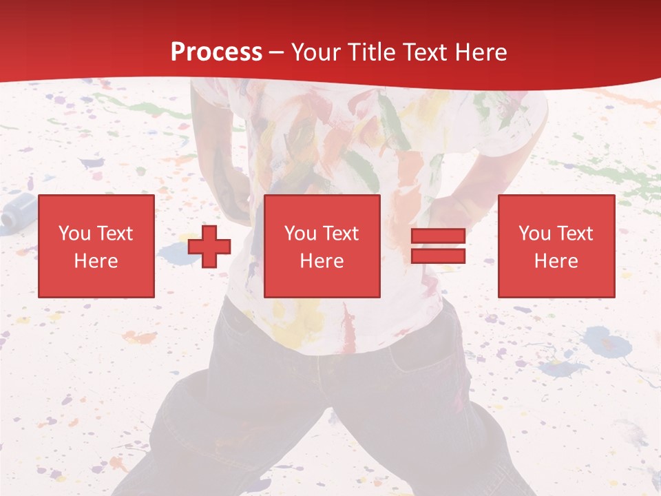 Adorable 3 Year Old Boy Child Covered In Bright Paint. Mess Of Paint On Wall, Floor, And Child. PowerPoint Template