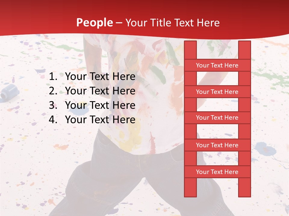 Adorable 3 Year Old Boy Child Covered In Bright Paint. Mess Of Paint On Wall, Floor, And Child. PowerPoint Template