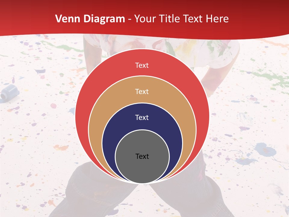 Adorable 3 Year Old Boy Child Covered In Bright Paint. Mess Of Paint On Wall, Floor, And Child. PowerPoint Template