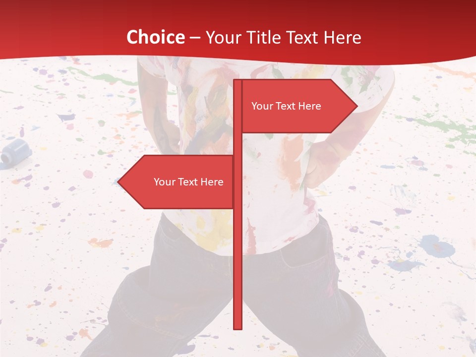 Adorable 3 Year Old Boy Child Covered In Bright Paint. Mess Of Paint On Wall, Floor, And Child. PowerPoint Template