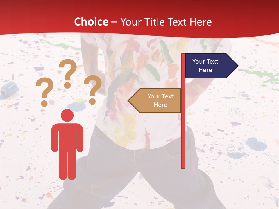 Adorable 3 Year Old Boy Child Covered In Bright Paint. Mess Of Paint On Wall, Floor, And Child. PowerPoint Template