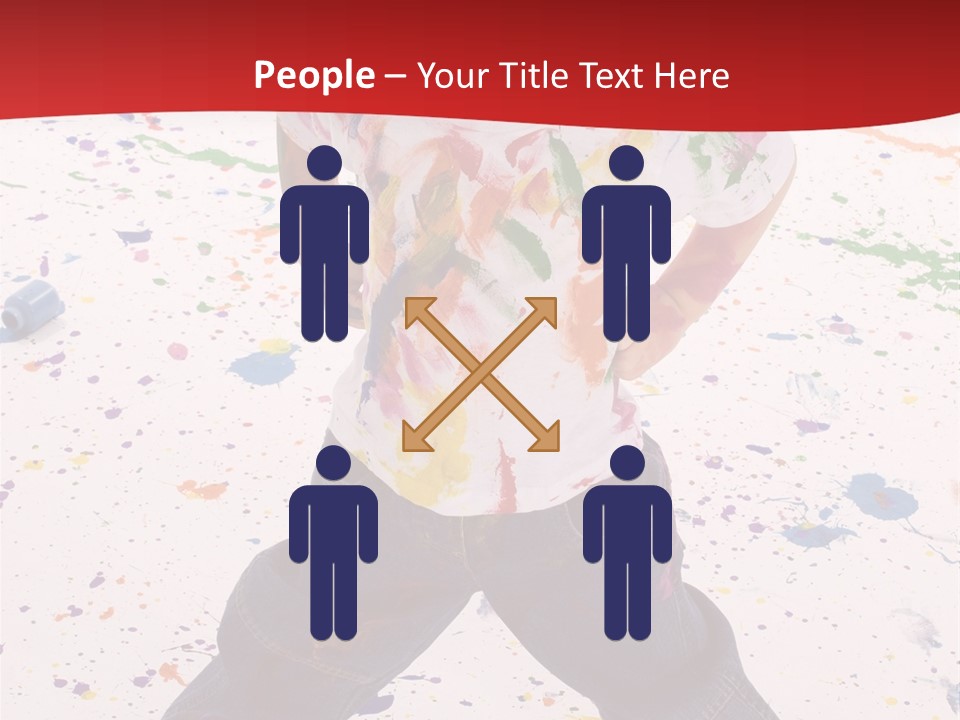 Adorable 3 Year Old Boy Child Covered In Bright Paint. Mess Of Paint On Wall, Floor, And Child. PowerPoint Template