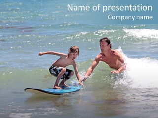 Father Teaching His Young Son How To Surf In The Sea On Vacation Or Holiday PowerPoint Template