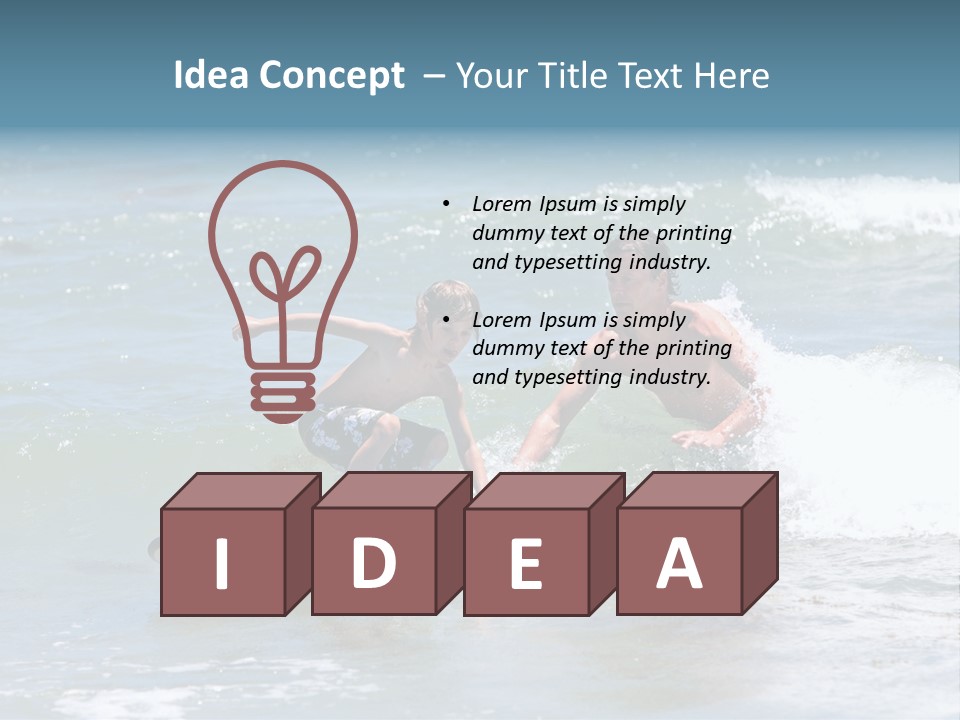 Father Teaching His Young Son How To Surf In The Sea On Vacation Or Holiday PowerPoint Template