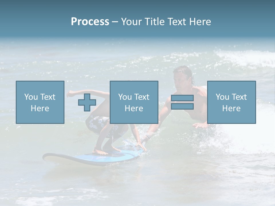 Father Teaching His Young Son How To Surf In The Sea On Vacation Or Holiday PowerPoint Template