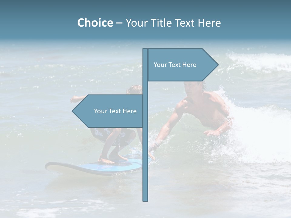 Father Teaching His Young Son How To Surf In The Sea On Vacation Or Holiday PowerPoint Template