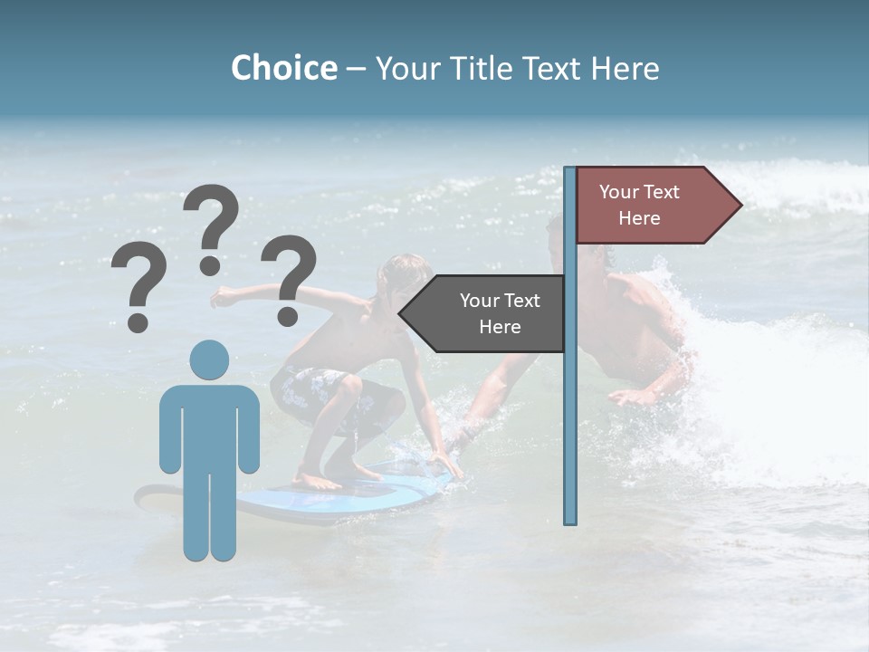 Father Teaching His Young Son How To Surf In The Sea On Vacation Or Holiday PowerPoint Template