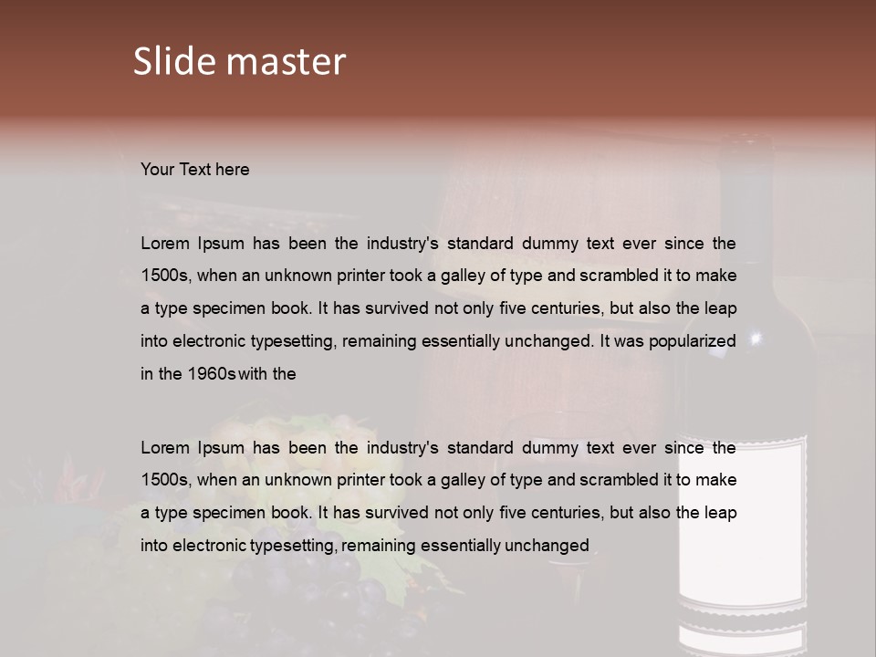 Wine Bottle With Grapes And Barrel PowerPoint Template
