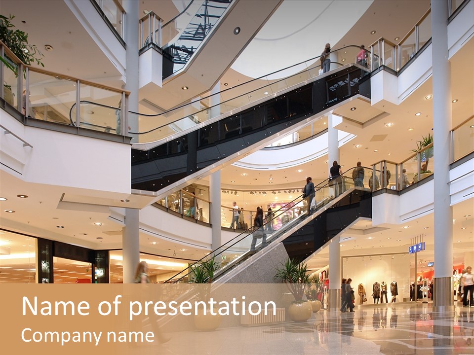 Shoppers At Multilevel Shopping Center PowerPoint Template