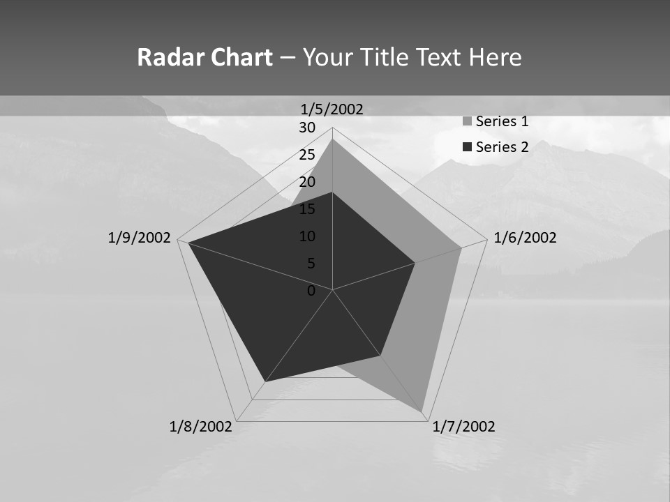 A Black And White Photo Of A Lake With Mountains In The Background PowerPoint Template