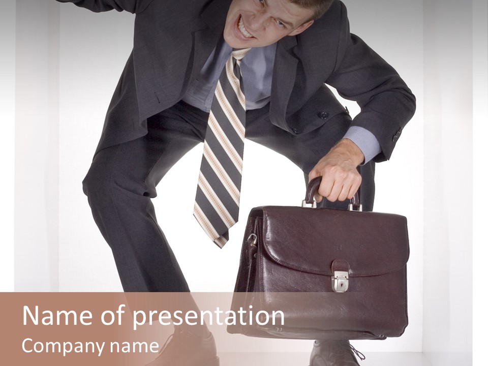 Businessman With Suitcase In The Cramped White Cube PowerPoint Template