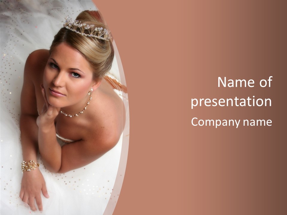 Bride Sitting On Floor Looking Up At Camera. Soft Dreamy Look, Sharp Eyes And Facial Features PowerPoint Template