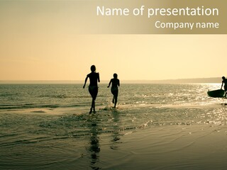 Silhouette Image Of Two Running Girls And Muscular Man In Water PowerPoint Template