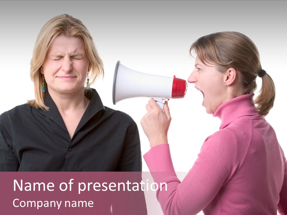 Young Woman Shouting At Another Woman Through A Megaphone PowerPoint Template