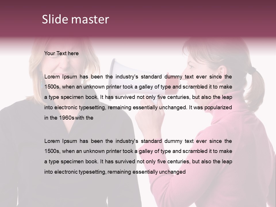 Young Woman Shouting At Another Woman Through A Megaphone PowerPoint Template