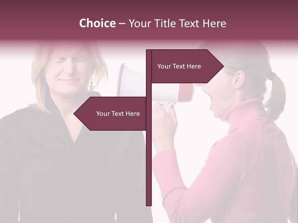 Young Woman Shouting At Another Woman Through A Megaphone PowerPoint Template