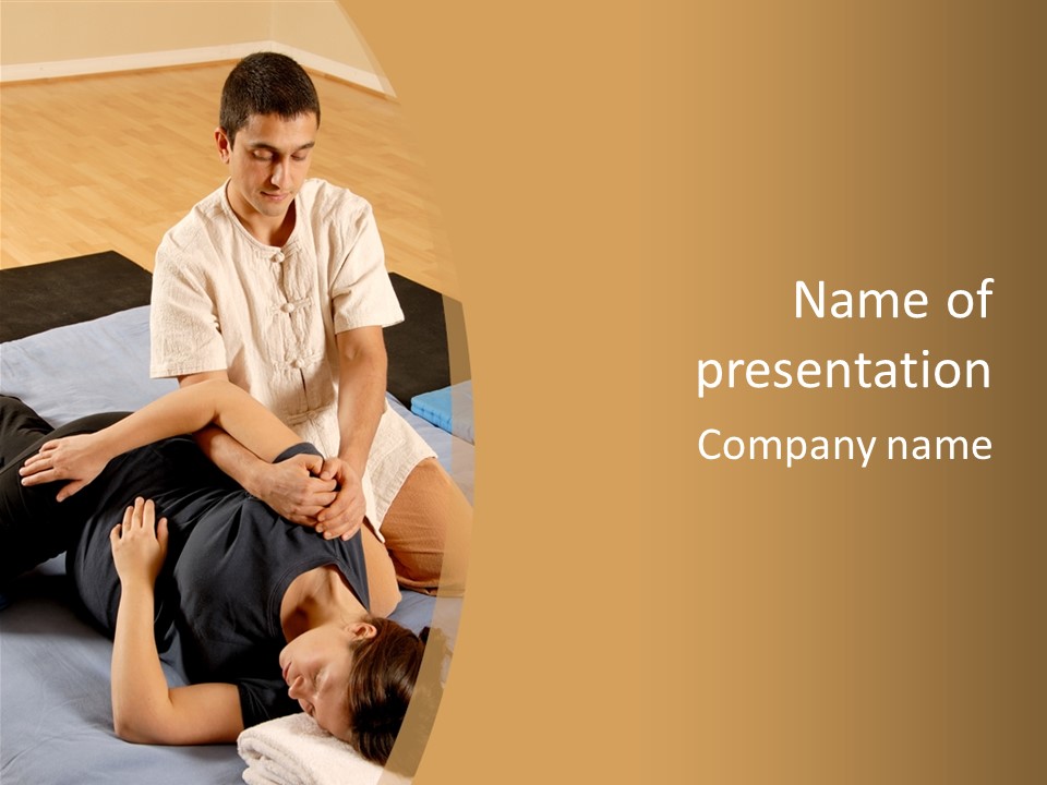 Man Therapist Stretching Female Client In Massage PowerPoint Template