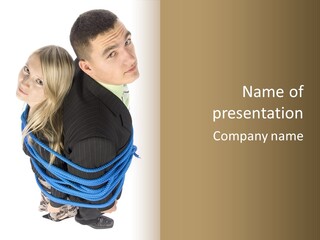 Corrupted Businesspeople - Woman And Man By Blue Rope PowerPoint Template