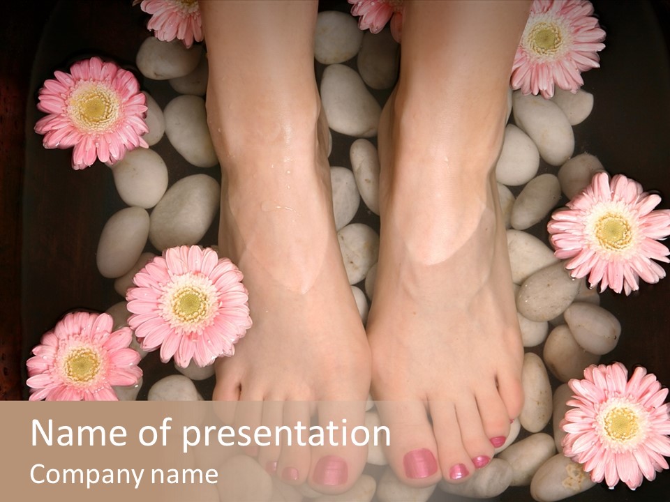 Female Feet In A Relaxing Aromatic Foot Bath With Massaging White Stone Pebble Bed And Floating Pink Flowerheads. Feet Are Invigorated, Skin Is Supple And Refreshed. Pure Indulgence For Your Feet. PowerPoint Template