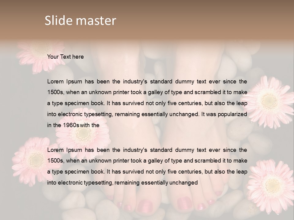 Female Feet In A Relaxing Aromatic Foot Bath With Massaging White Stone Pebble Bed And Floating Pink Flowerheads. Feet Are Invigorated, Skin Is Supple And Refreshed. Pure Indulgence For Your Feet. PowerPoint Template