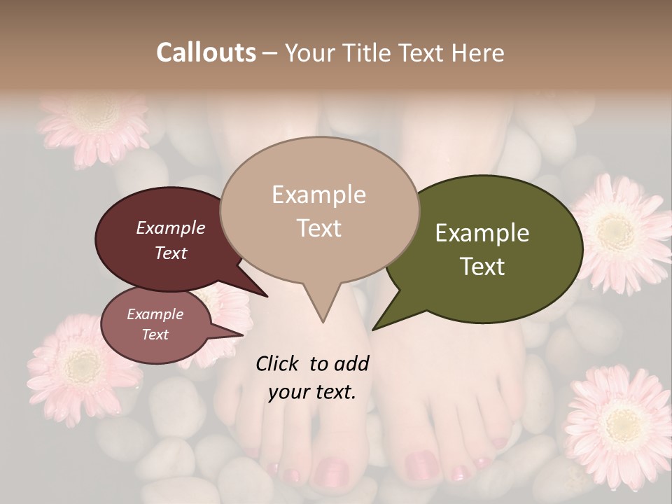Female Feet In A Relaxing Aromatic Foot Bath With Massaging White Stone Pebble Bed And Floating Pink Flowerheads. Feet Are Invigorated, Skin Is Supple And Refreshed. Pure Indulgence For Your Feet. PowerPoint Template