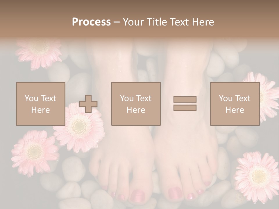 Female Feet In A Relaxing Aromatic Foot Bath With Massaging White Stone Pebble Bed And Floating Pink Flowerheads. Feet Are Invigorated, Skin Is Supple And Refreshed. Pure Indulgence For Your Feet. PowerPoint Template