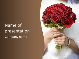 Winter Bride In Beautirul Fur Shawl Holding Bouquet Of Red Roses PowerPoint Template