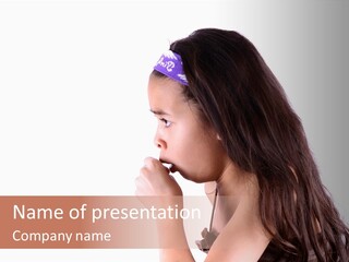 A Young Girl Coughing, Against White Background With Copy Space. PowerPoint Template