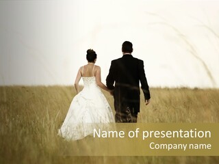 A Newly Wed Couple Walking Through A Grassland, Holding Hands PowerPoint Template