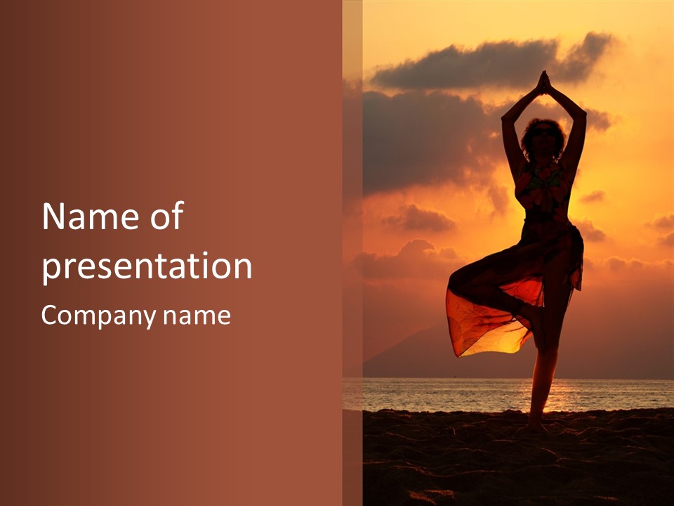 Woman Doing Yoga Exercise On The Beach At Sunset PowerPoint Template