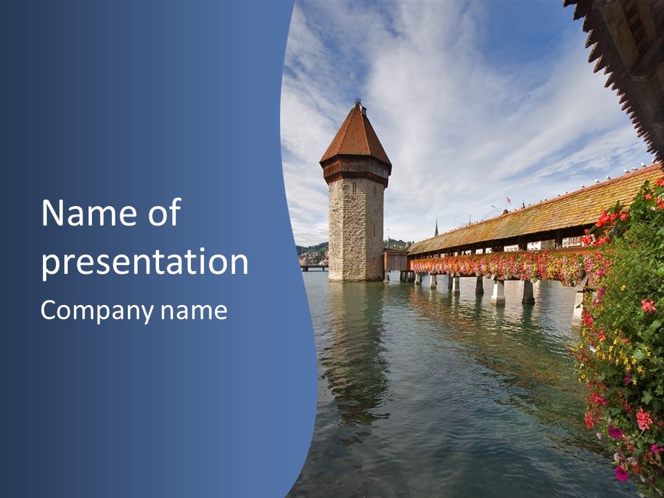 Lake In Lucerne With A Tower And A Bridge, Decorated With Flowers PowerPoint Template