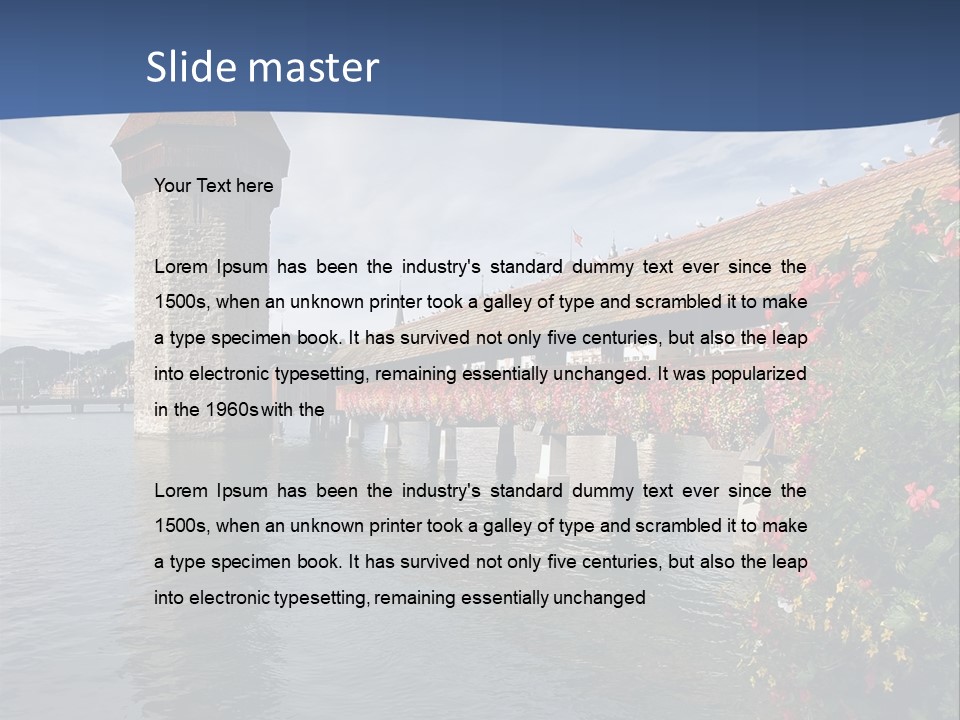 Lake In Lucerne With A Tower And A Bridge, Decorated With Flowers PowerPoint Template