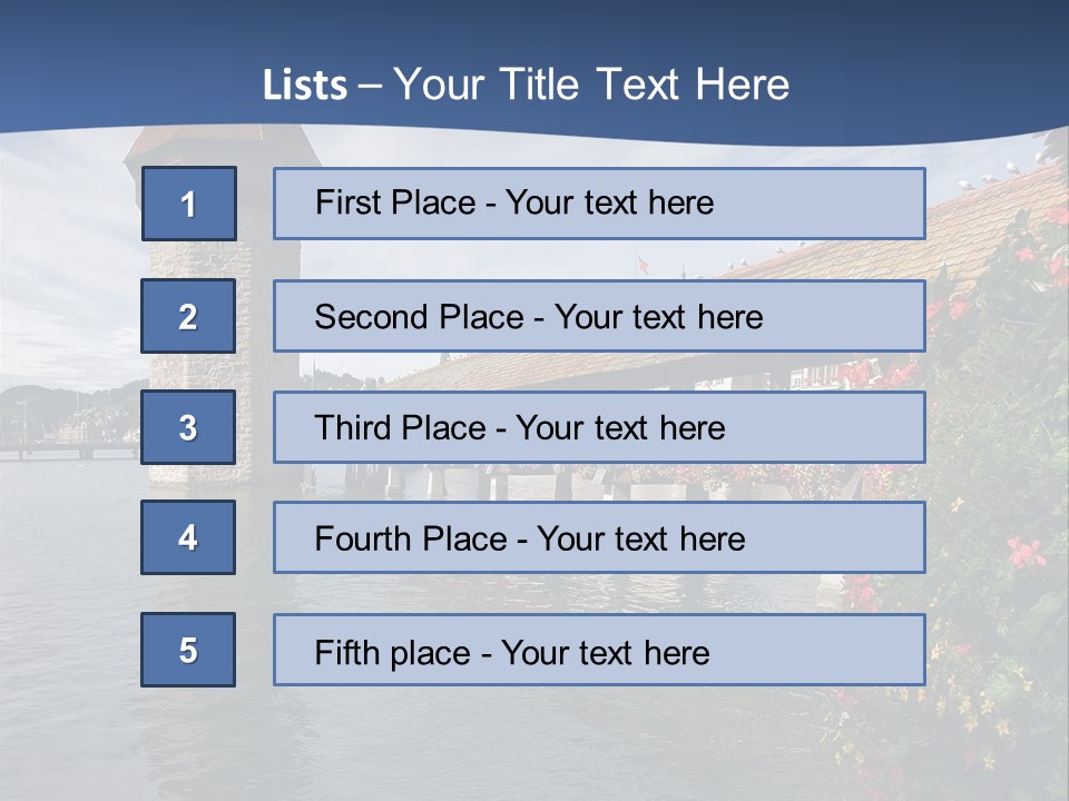 Lake In Lucerne With A Tower And A Bridge, Decorated With Flowers PowerPoint Template