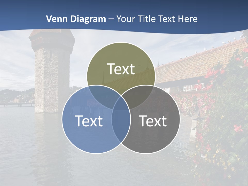 Lake In Lucerne With A Tower And A Bridge, Decorated With Flowers PowerPoint Template