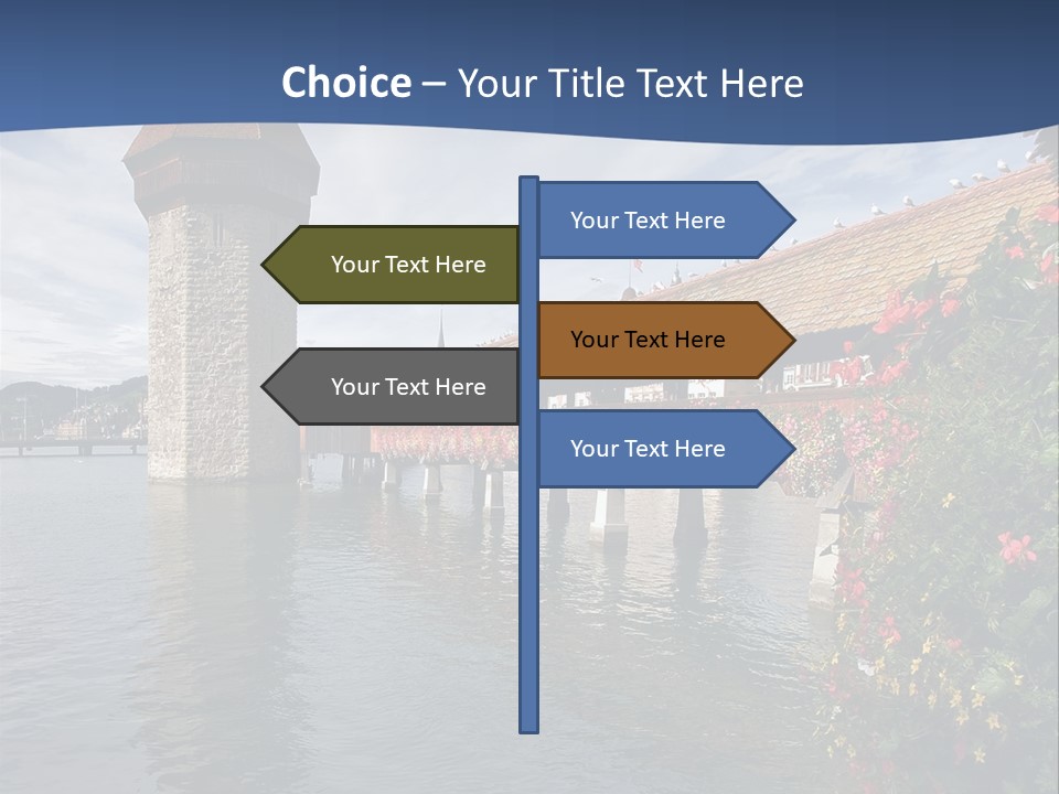 Lake In Lucerne With A Tower And A Bridge, Decorated With Flowers PowerPoint Template
