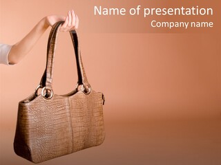 Woman's Hand Holding Leather Handbag On The Beige Background PowerPoint Template