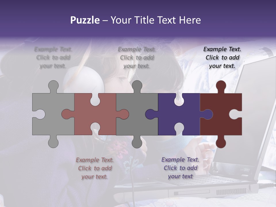 Two Small Girls, One With Laptop And Headphones Pointing At The Screen And The Other Watching It PowerPoint Template